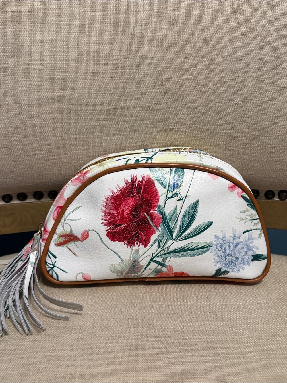 Valentina White Floral Leather Cosmetic Pouch